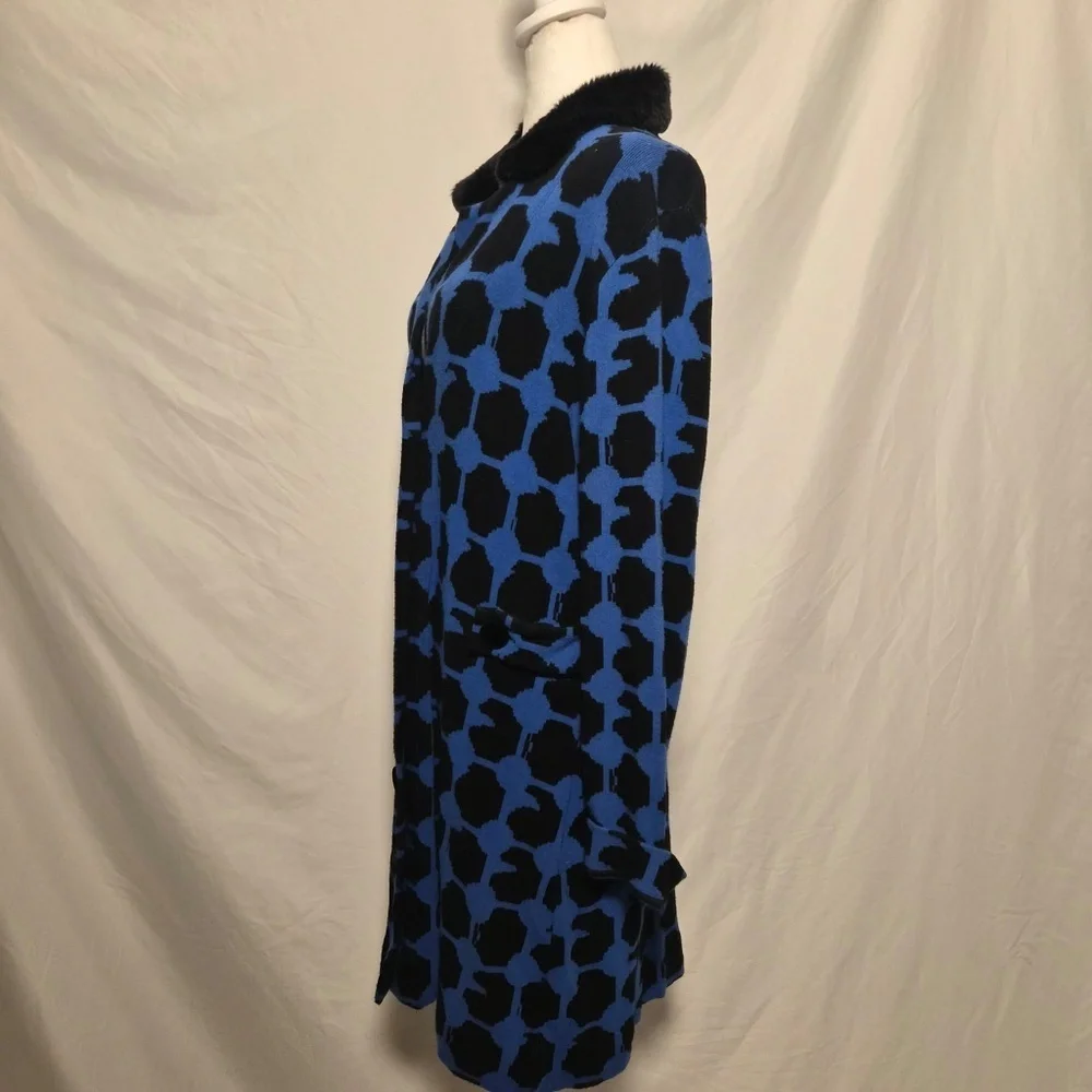 Michael Simon RARE Vintage Geometric Blue Faux Fur Collared Cardigan Sweater L